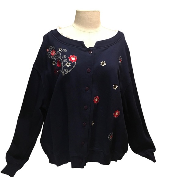 Plus size ladies long sleeve cardigan sweater/light jacket with flowers - Picture 1 of 11